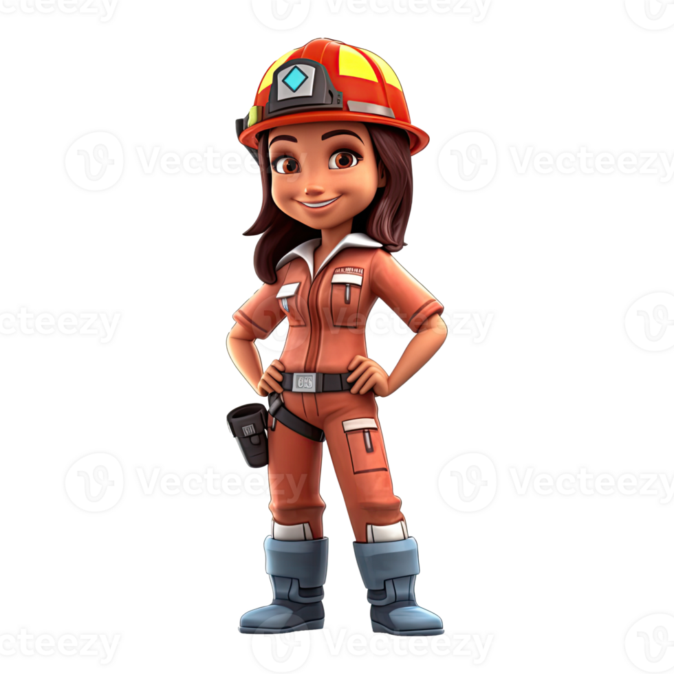 3D cartoon firefighter character on transparent background. Generative AI png