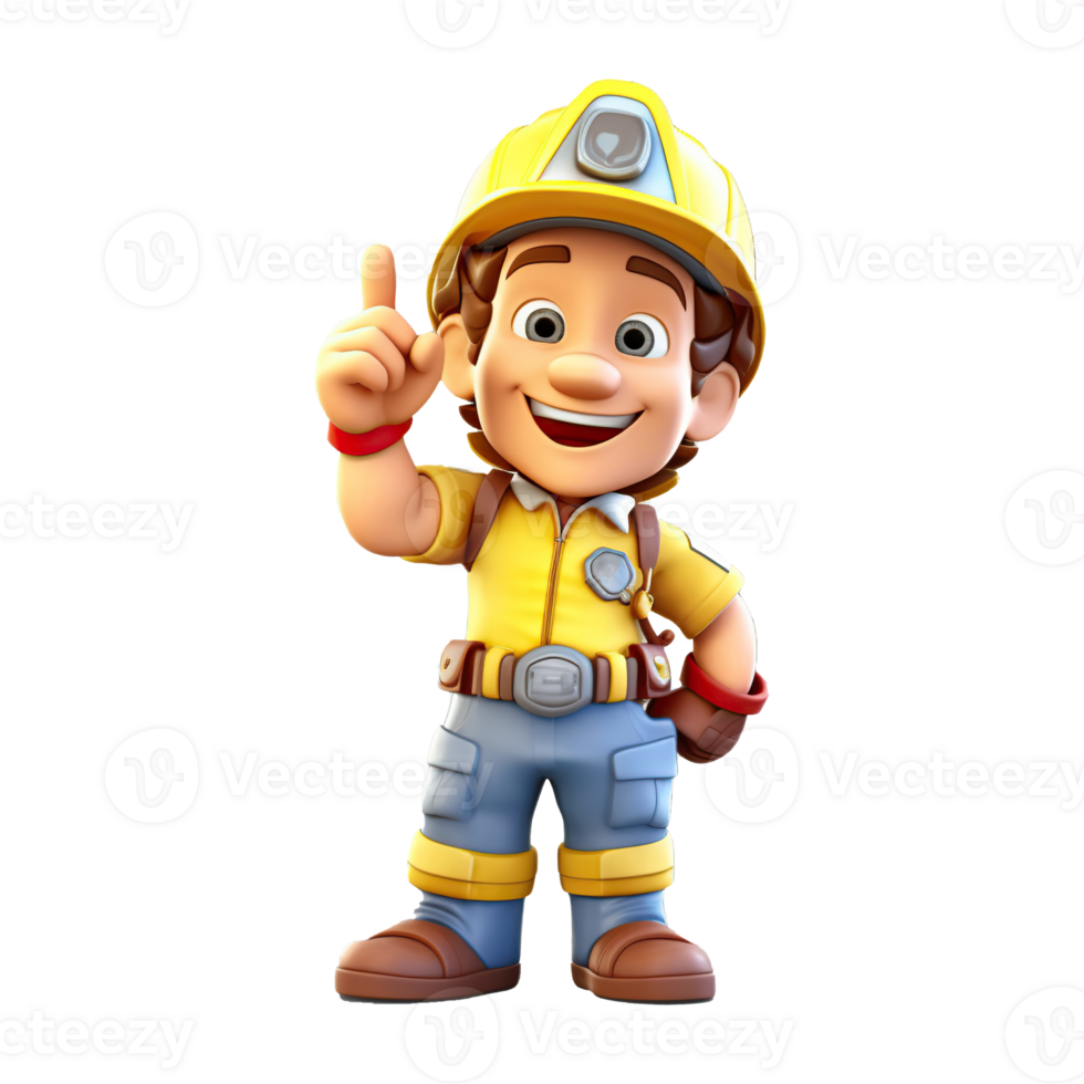 3D cartoon firefighter character on transparent background. png