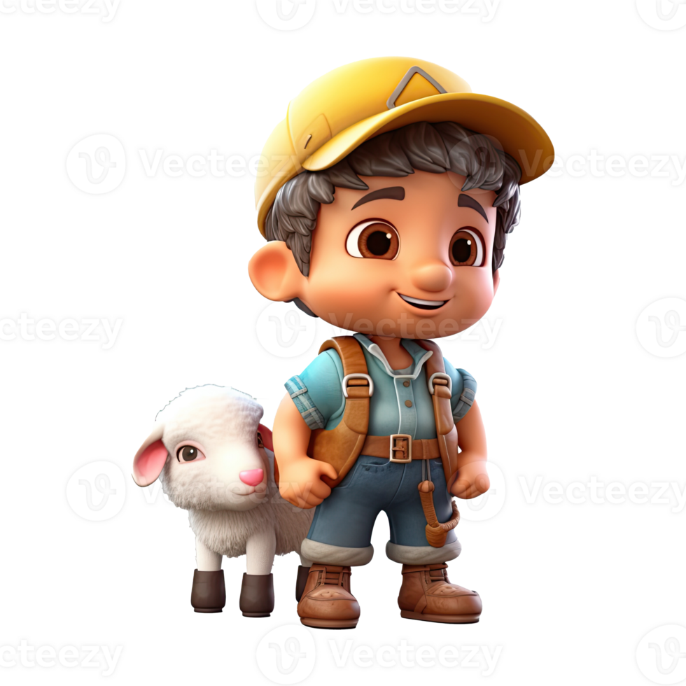 Happy cartoon farmer with cute animal on transparent background. Generative AI png