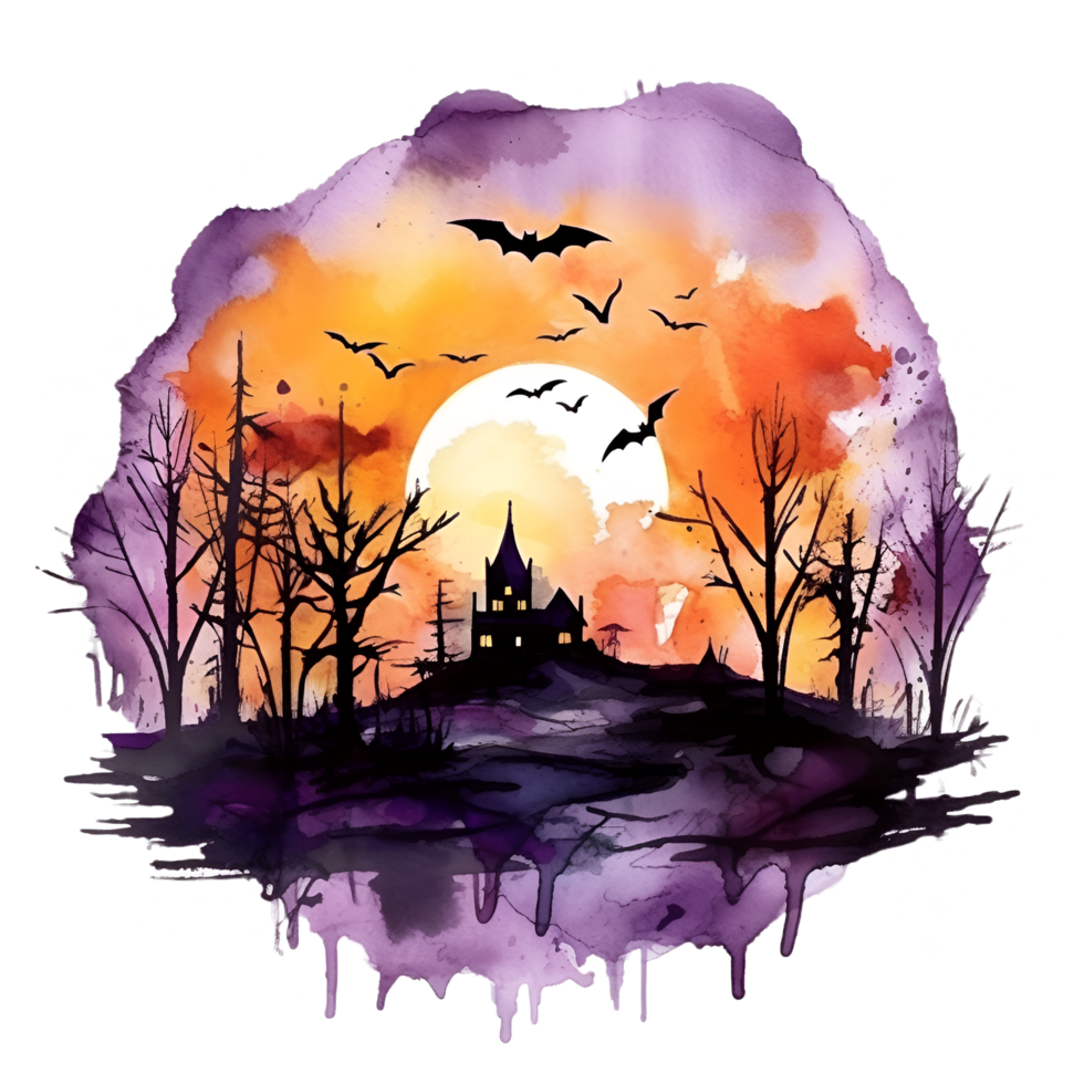 Spooky Halloween Haunted House Watercolor Clipart AI Generated png