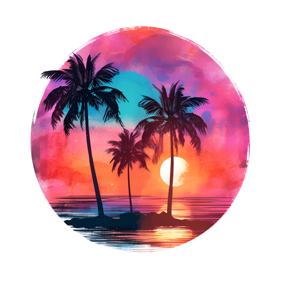 Sunset Palm Trees Retrowave 80s Clipart AI Generated png