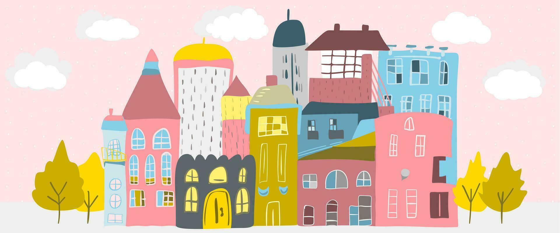 linda escandinavo pueblo ilustración plano dibujos animados vector. minúsculo casas y acogedor calle vector