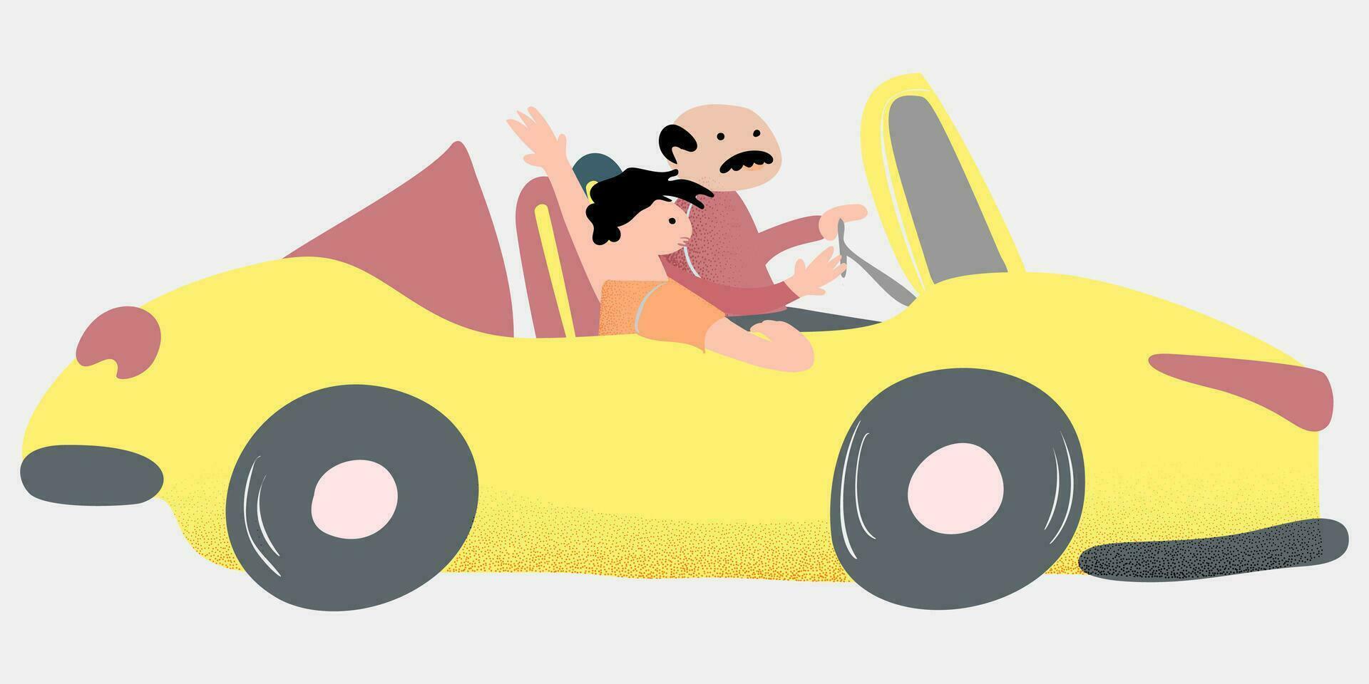 contento familia verano vacaciones ilustración con coche. padre y niños. papá y hijo o hija vector