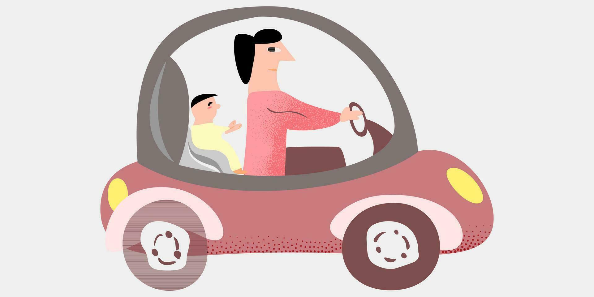 contento familia verano vacaciones ilustración con coche. padre y niños. papá y hijo o hija vector