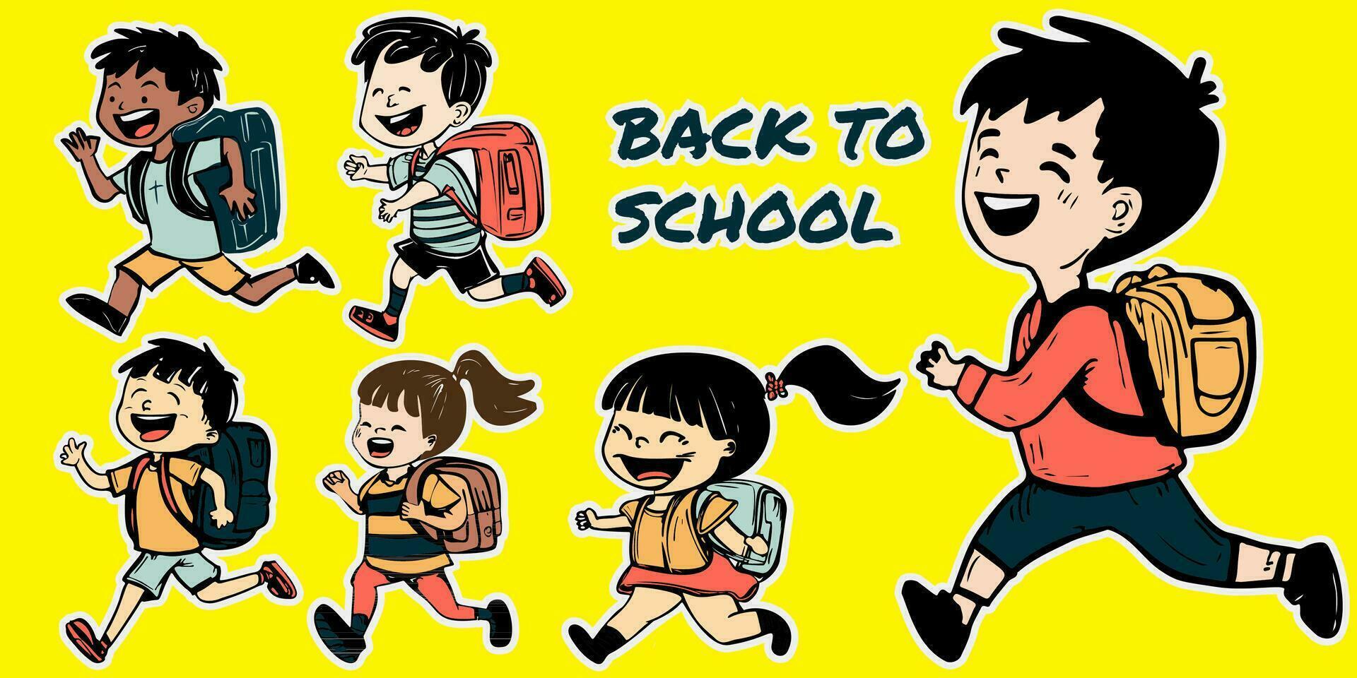 Six Cute Cartoon Kids Boys and Girls Walking Running Happy Back to School Vector Illustration