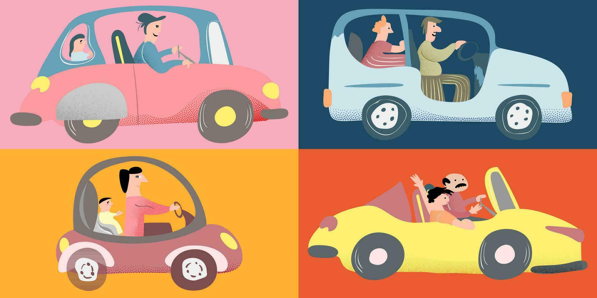 Happy Family Summer Vacation Illustration with Car. Father and children. Dad and son or daughter. Vintage Retro Naive Style Mid Century Modern vector