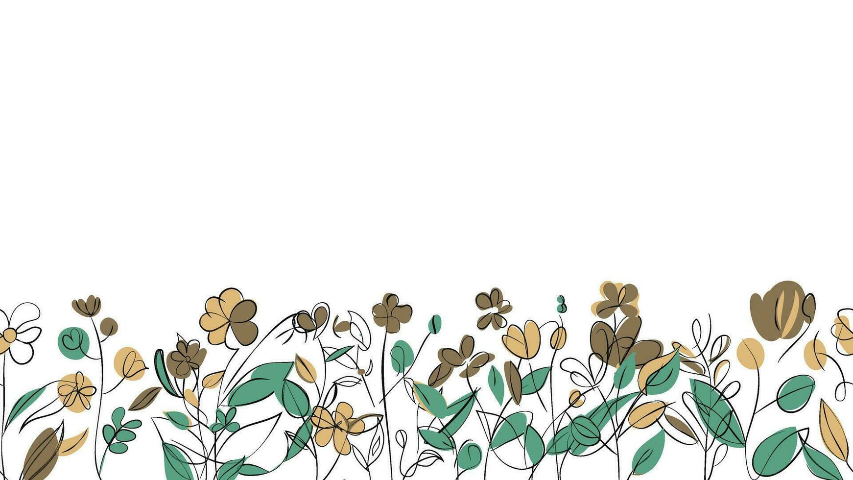 Spring Colorful botanical flat vector Horizontal illustration on white background. Banner floral backdrop decorated with gorgeous multicolored blooming flowers and leaves border.