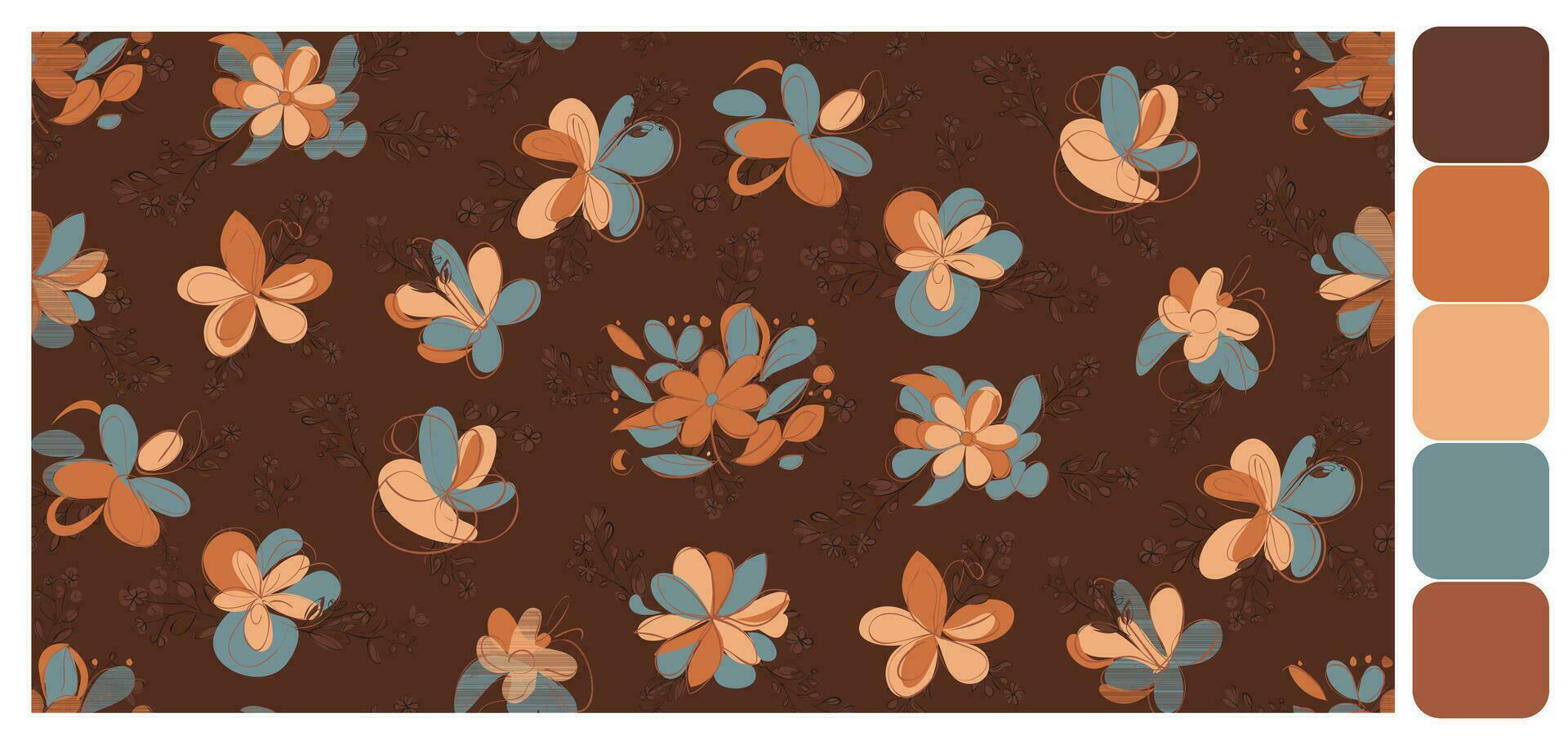 Seamless pattern muted color Korea flower Contemporary Liberty feminine botanical floral branch. Hand drawn wedding herb, minimalistic flowers with elegant leaves. Half drop repeat pattern. vector