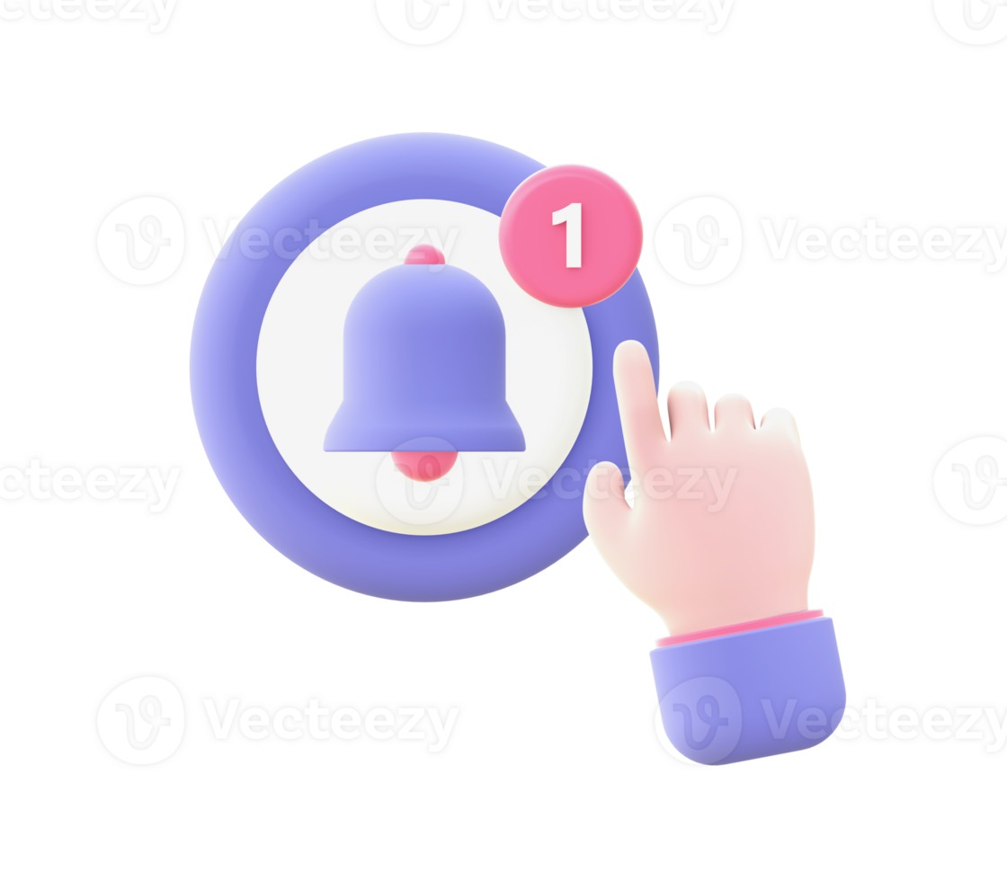 3d illustration icon of purple Notification and hand for UI UX web mobile apps social media ads design png