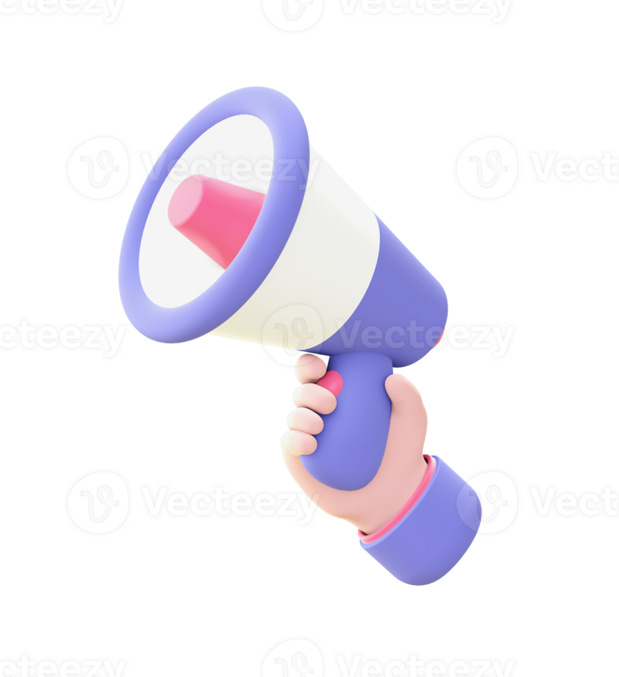 3d illustration icon of purple hand holding loudspeaker for UI UX web mobile apps social media ads design png