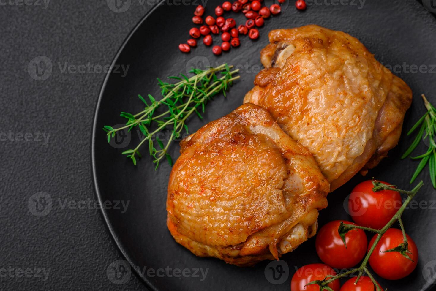 delicioso jugoso pollo muslos horneado con sal, especias y hierbas en un cerámico plato foto