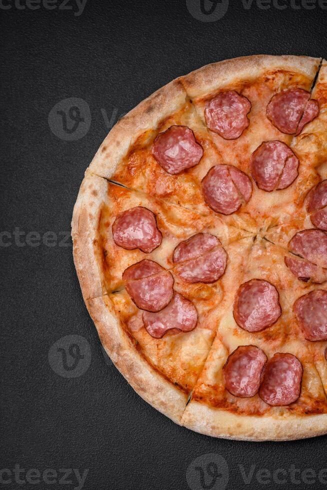 Tasty fresh pizza with salami, cheese, tomatoes, spices and salt photo