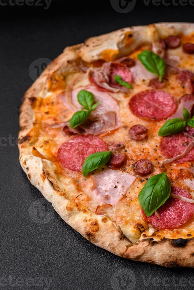 Delicious fresh oven baked pizza with salami, meat, cheese, tomatoes photo