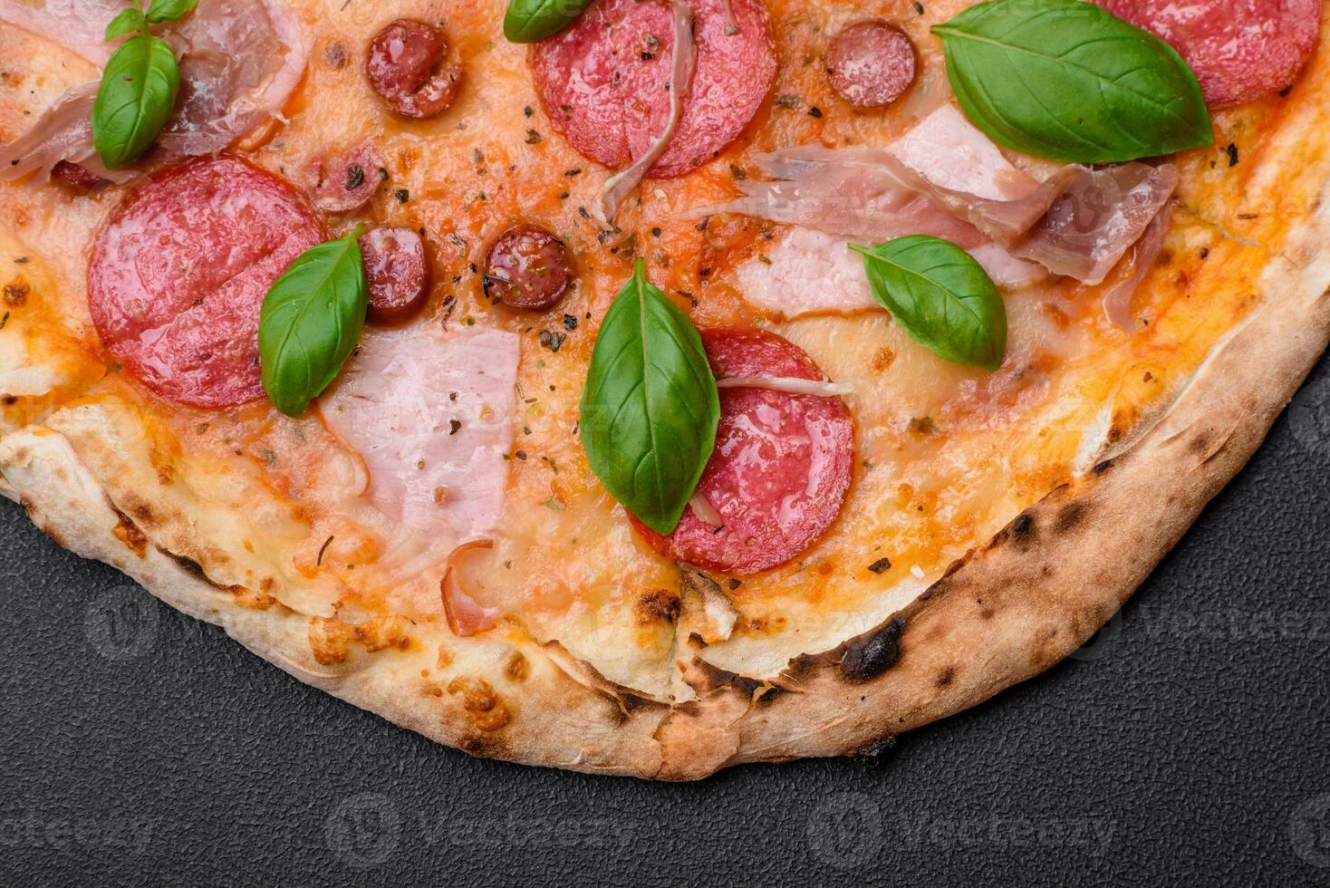 Delicious fresh oven baked pizza with salami, meat, cheese, tomatoes photo