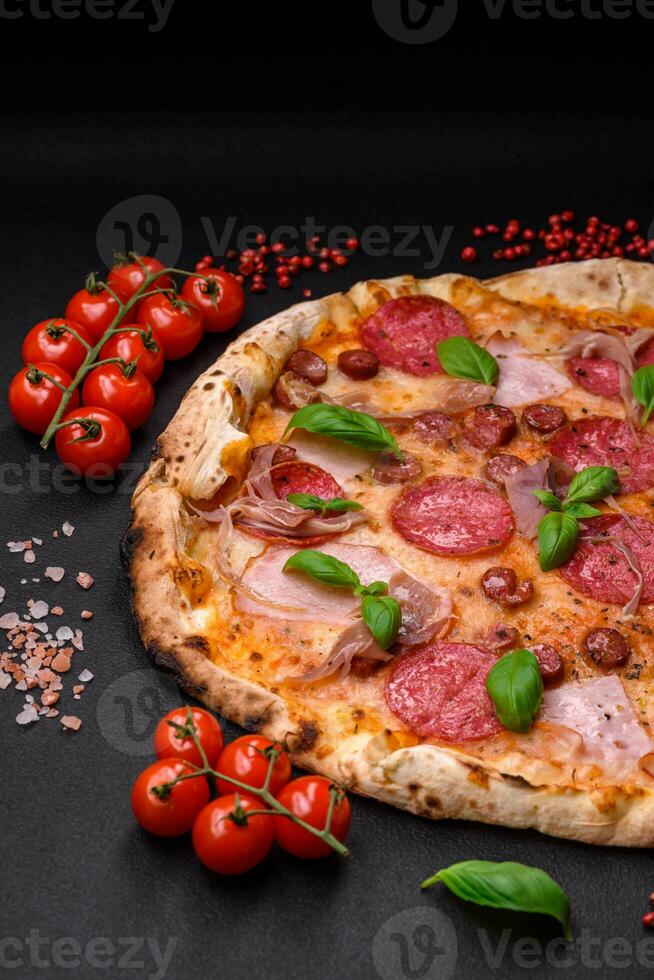 delicioso Fresco horno horneado Pizza con salami, carne, queso, Tomates foto