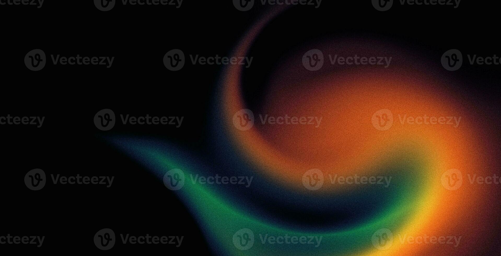 Dark grainy gradient background, orange green yellow abstract swirl shape on black, noise texture effect photo