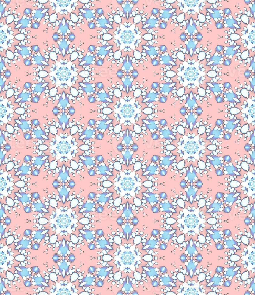 White Blue Star Flower Snow Abstract Pattern on Red Background photo