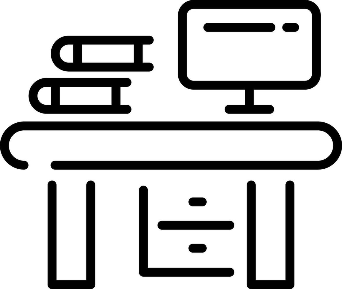 Computer and books on the table icon in line art. vector