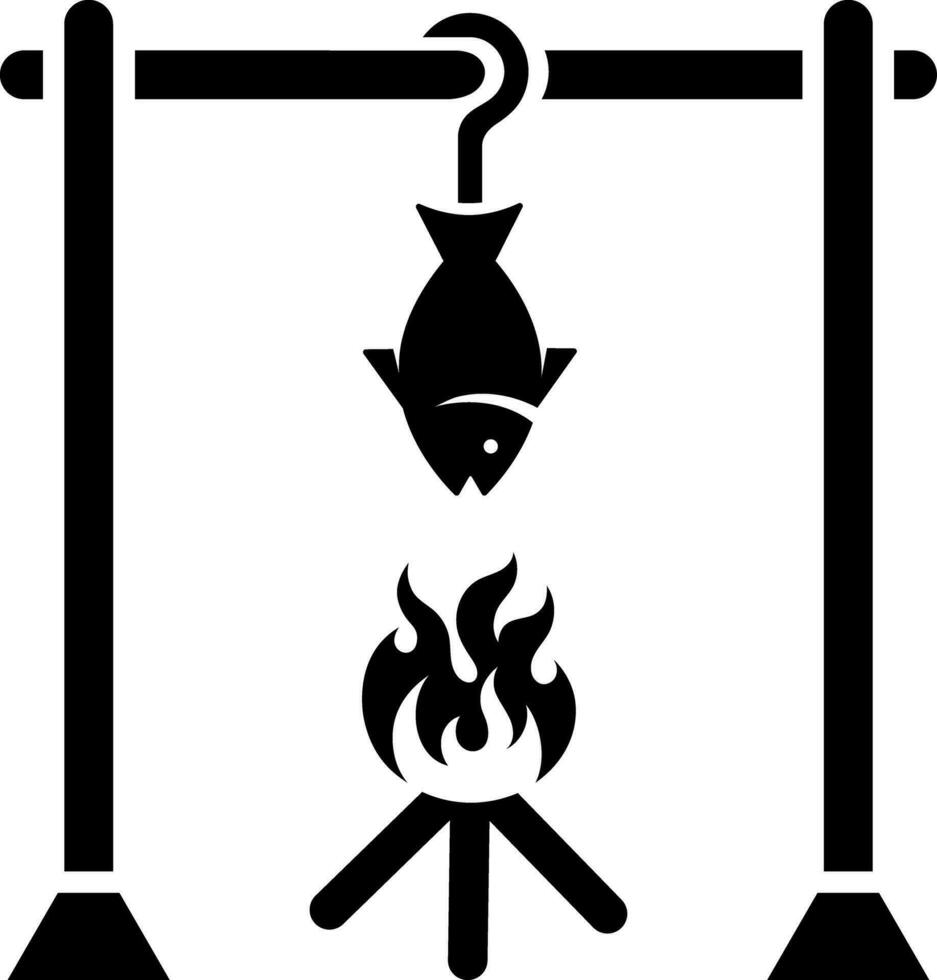 Grilled fish on bonfire glyph icon. vector