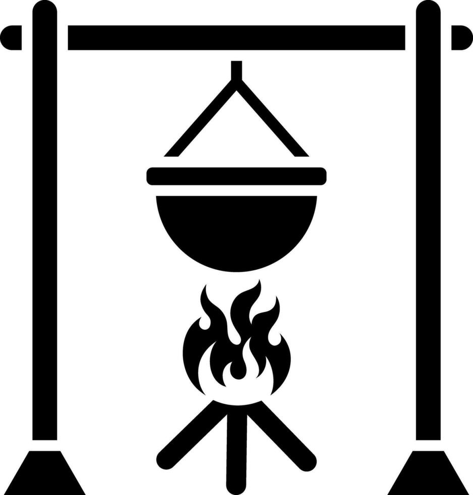 Cooking pot on campfire glyph icon. vector