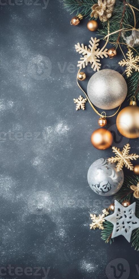 new decoration snowflakes year text holiday tree christmas space card gold christmas background. Generative AI. photo