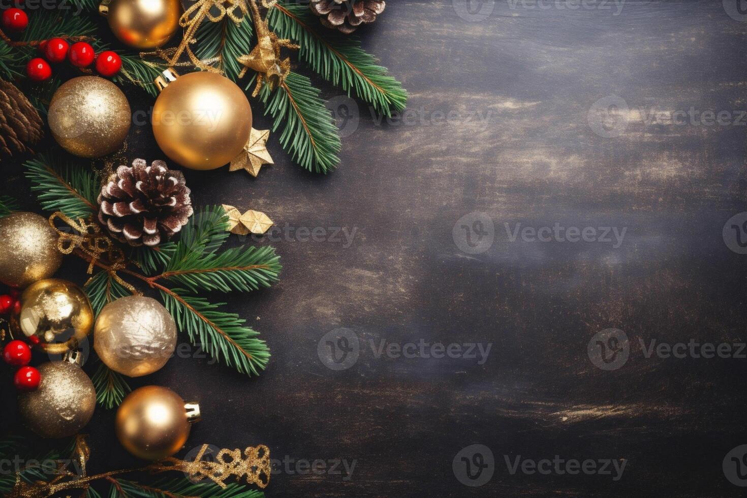 winter christmas year decoration gold background snowflakes tree christmas new card holiday. Generative AI. photo