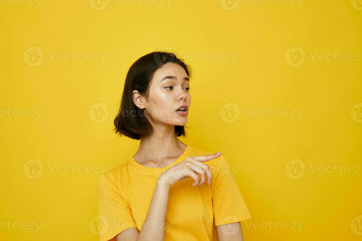 young beautiful woman in a yellow t-shirt Youth style casual Lifestyle unaltered photo