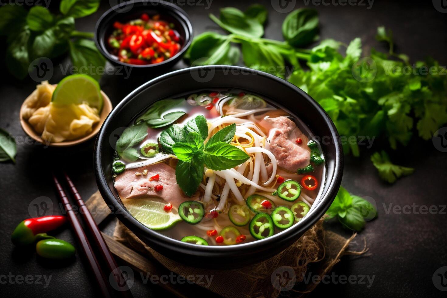 japanese food soup asian background fresh meal vegetable hot noodle bowl. Generative AI. photo