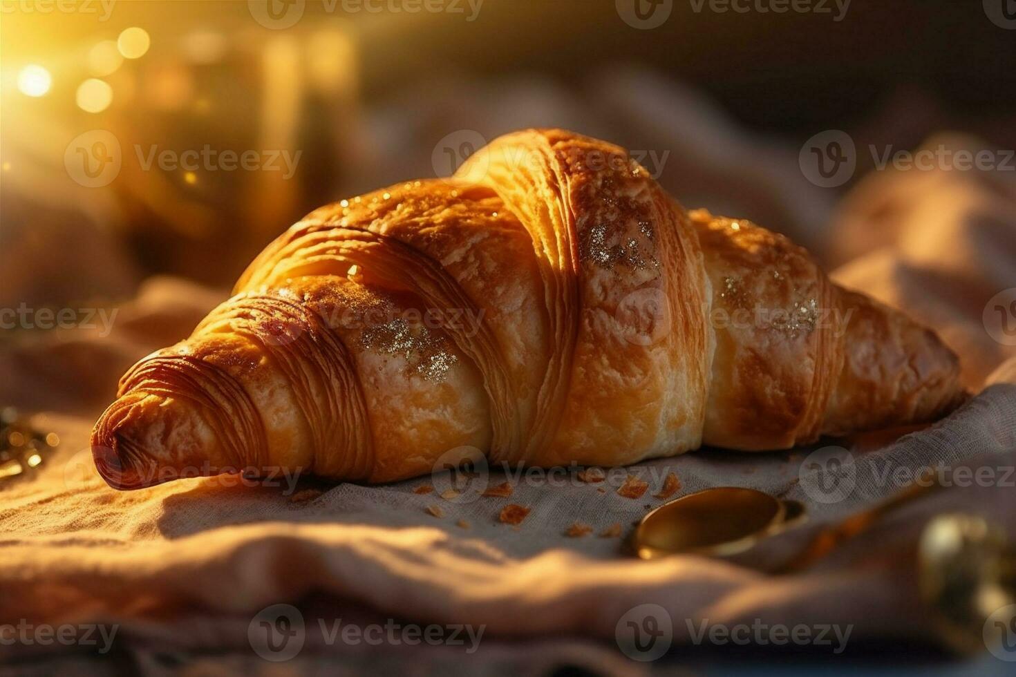 food drink table bokeh croissant background cup breakfast bakery bokeh background morning. Generative AI. photo