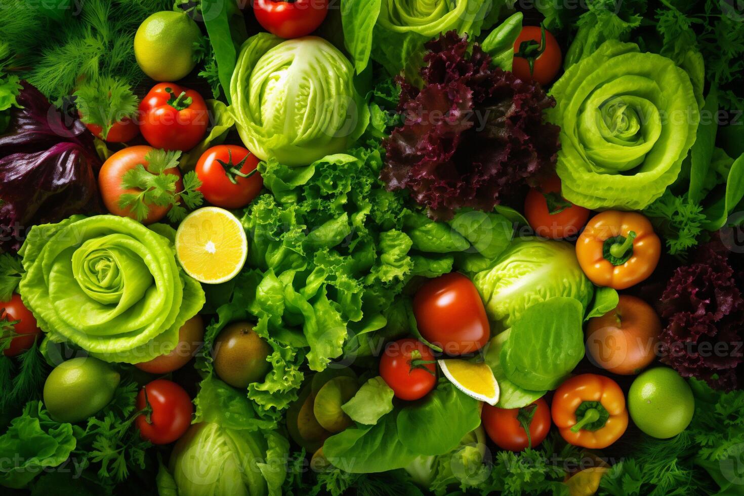 vegetarian raw healthy green dark background diet fresh salad vegetable food. Generative AI. photo