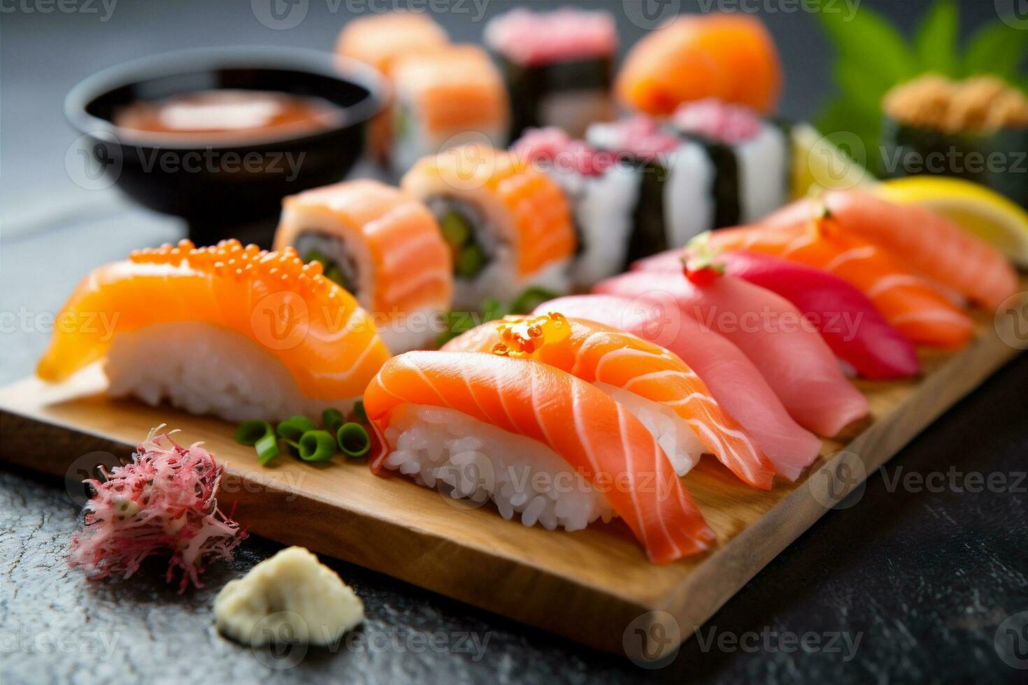 Sushi japonés conjunto rodar arroz pescado comida Mariscos Japón alimento. generativo ai. foto