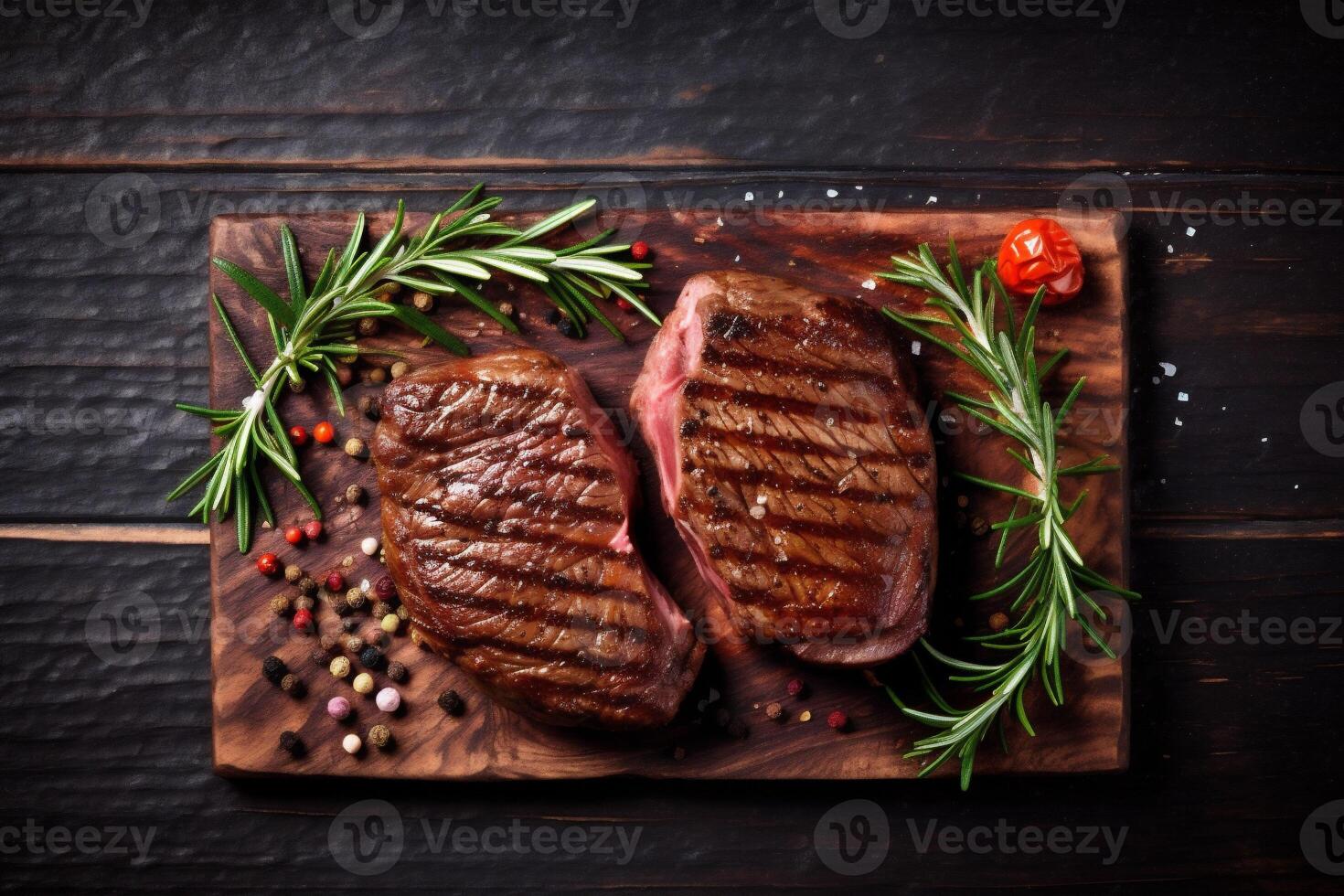 grill dark food fried beef raw red background top steak meat. Generative AI. photo