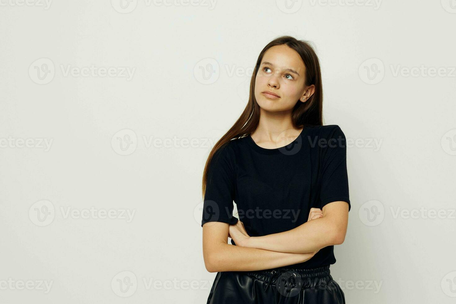 athletic woman in a black t-shirt hand gesture fun isolated background photo