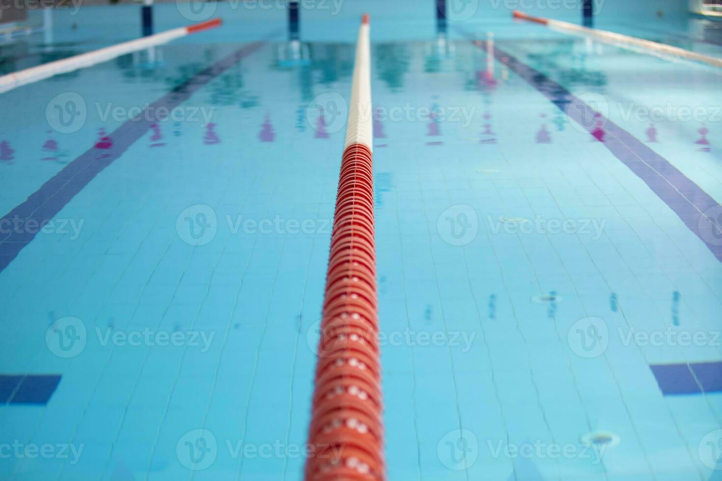 An empty sports pool with a red dividing path. Blue water in the swimming pool. photo