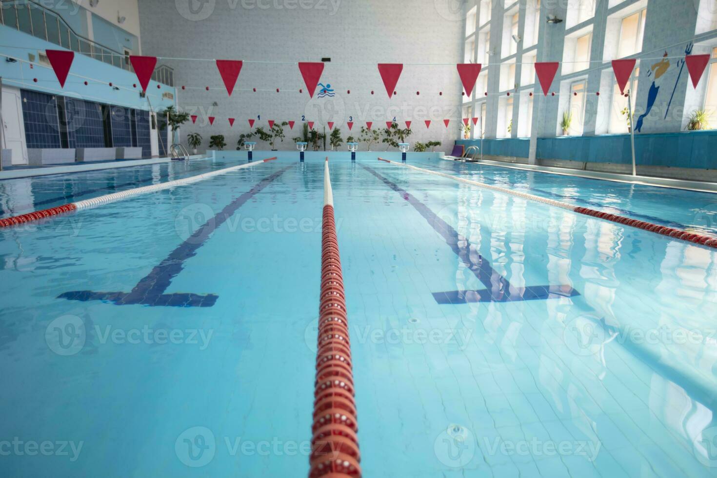 un vacío Deportes piscina con un rojo divisor camino. azul agua en el nadando piscina. foto