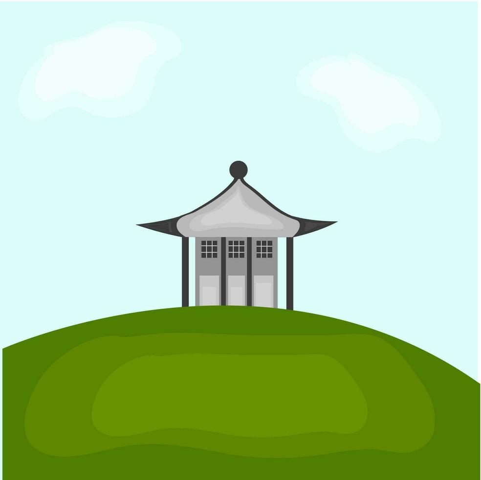 Illustration of gray chinese building on green hill. vector