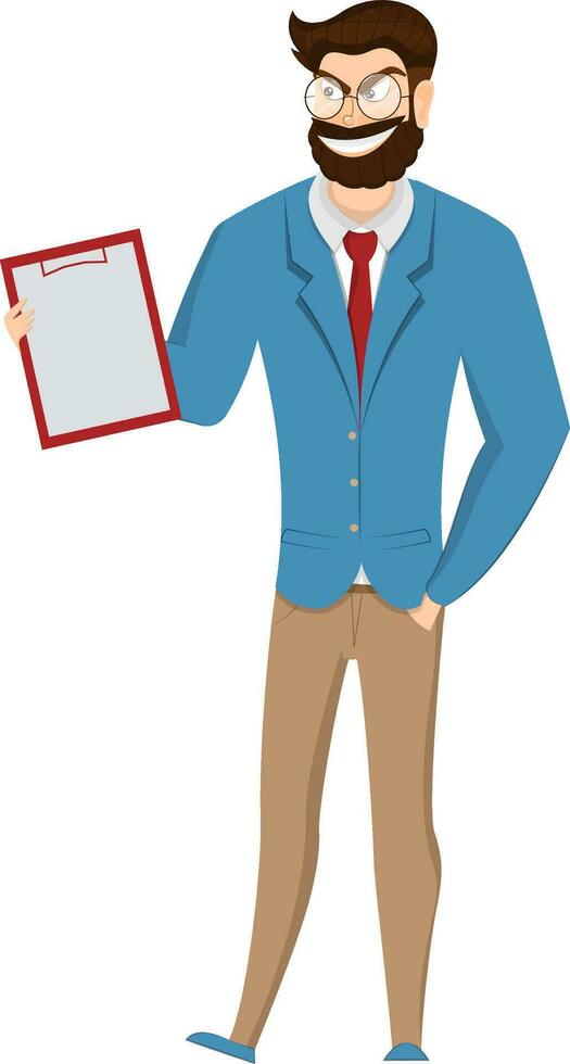 Vector illustration of bearded man character wearing formal dress and holding a clipboard paper on white background.
