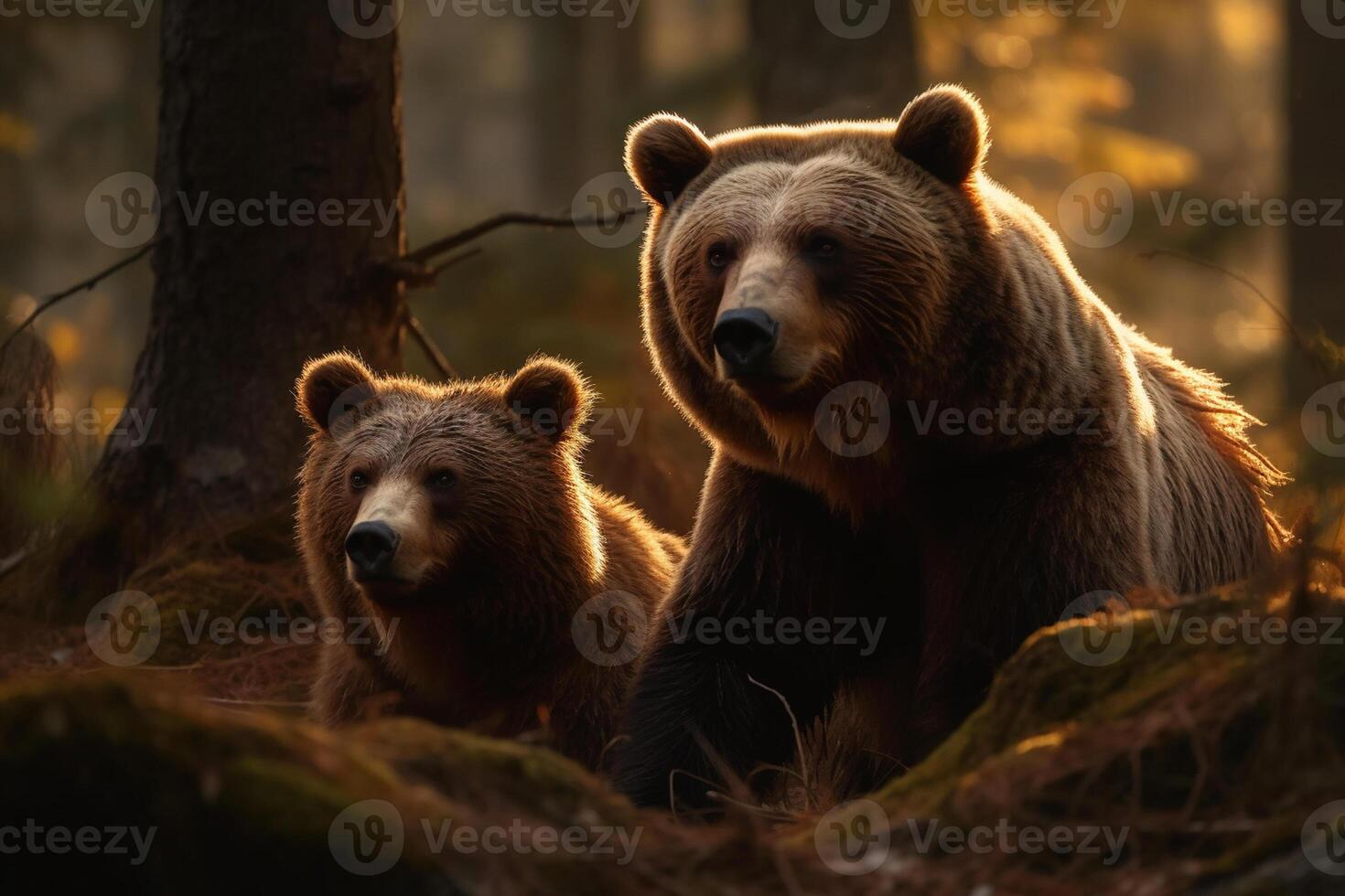 Brown bear and cub in the forest. Wildlife scene from nature photo