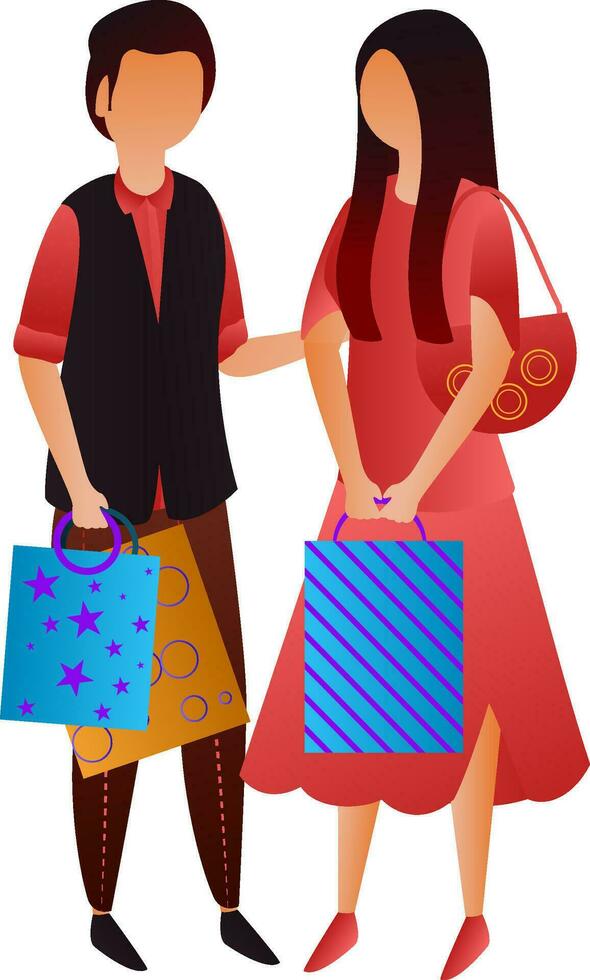 Pareja personaje participación compras bolso en en pie pose. vector