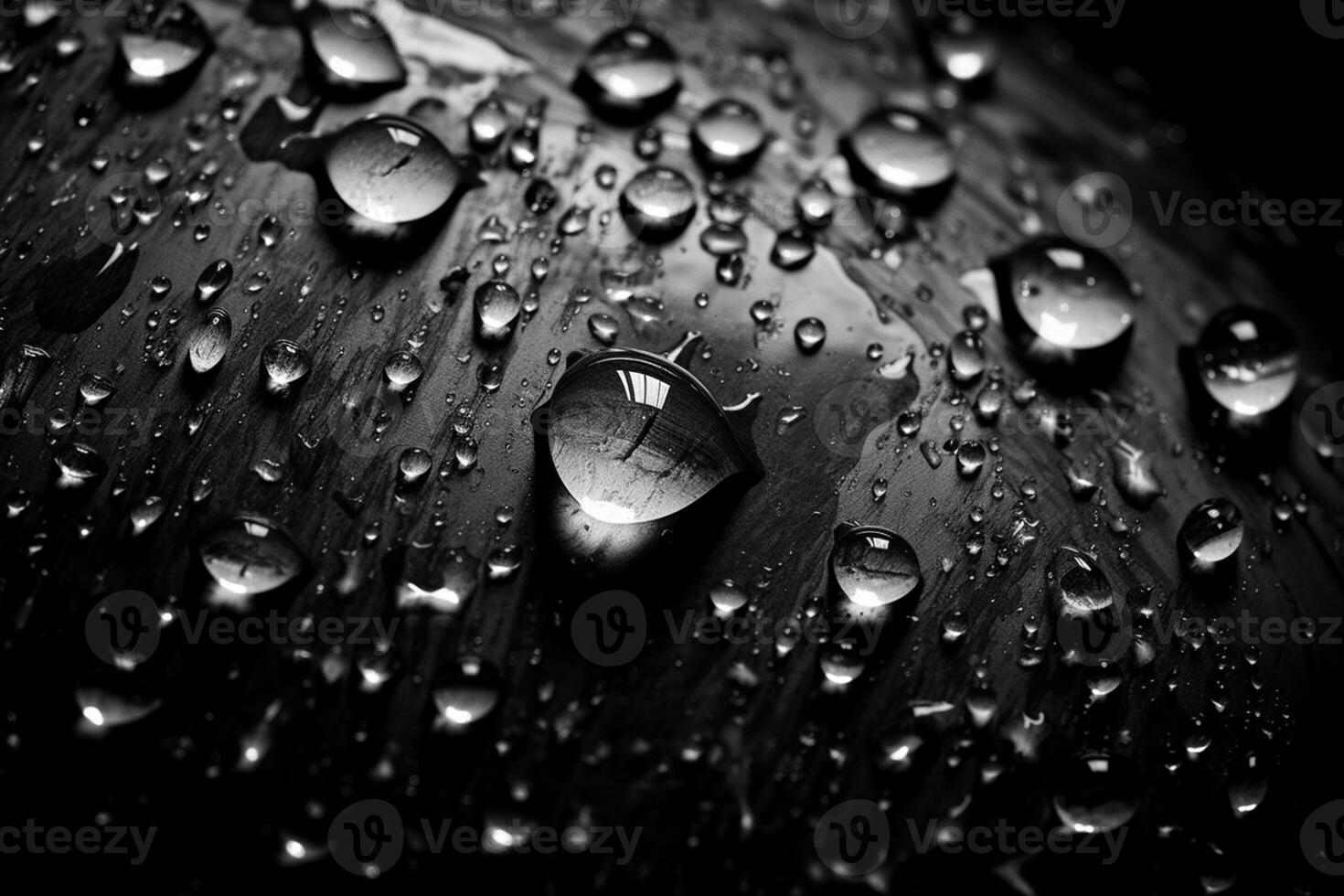 ai generativo agua gotas en un negro y blanco antecedentes. macro fotografía foto