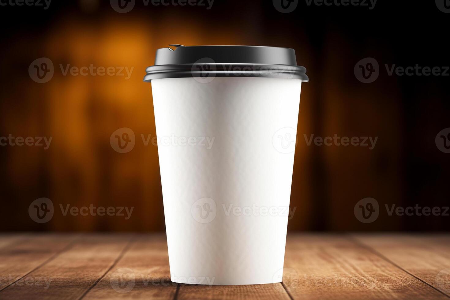 Blank paper coffee cup mockup on wooden table in cafe. 3d rendering photo