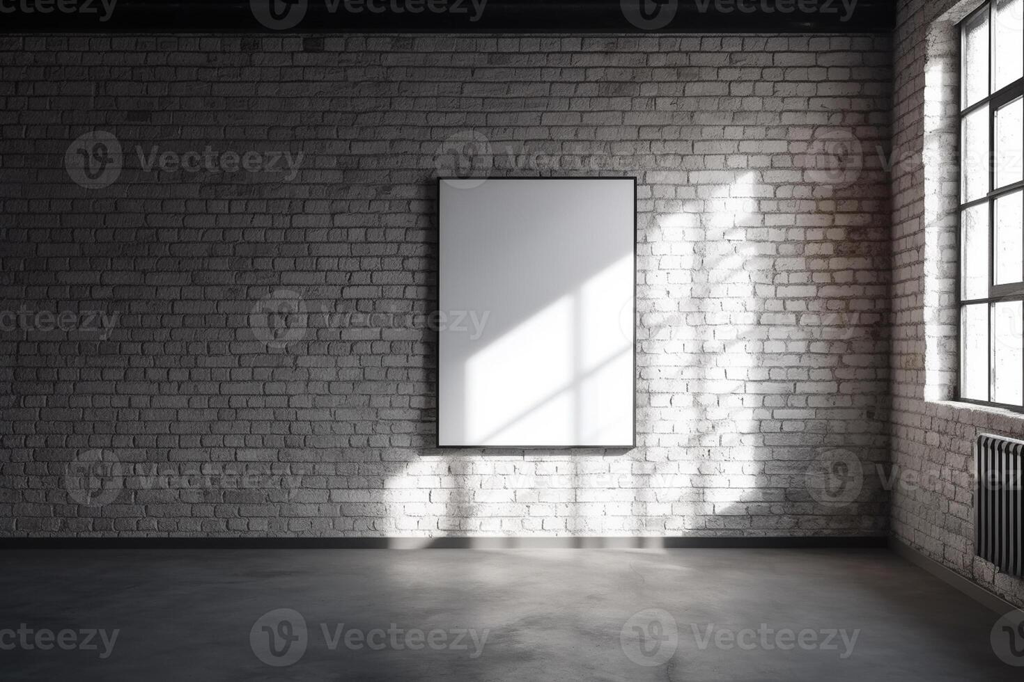 Empty white poster on brick wall. Mock up, 3D Rendering photo