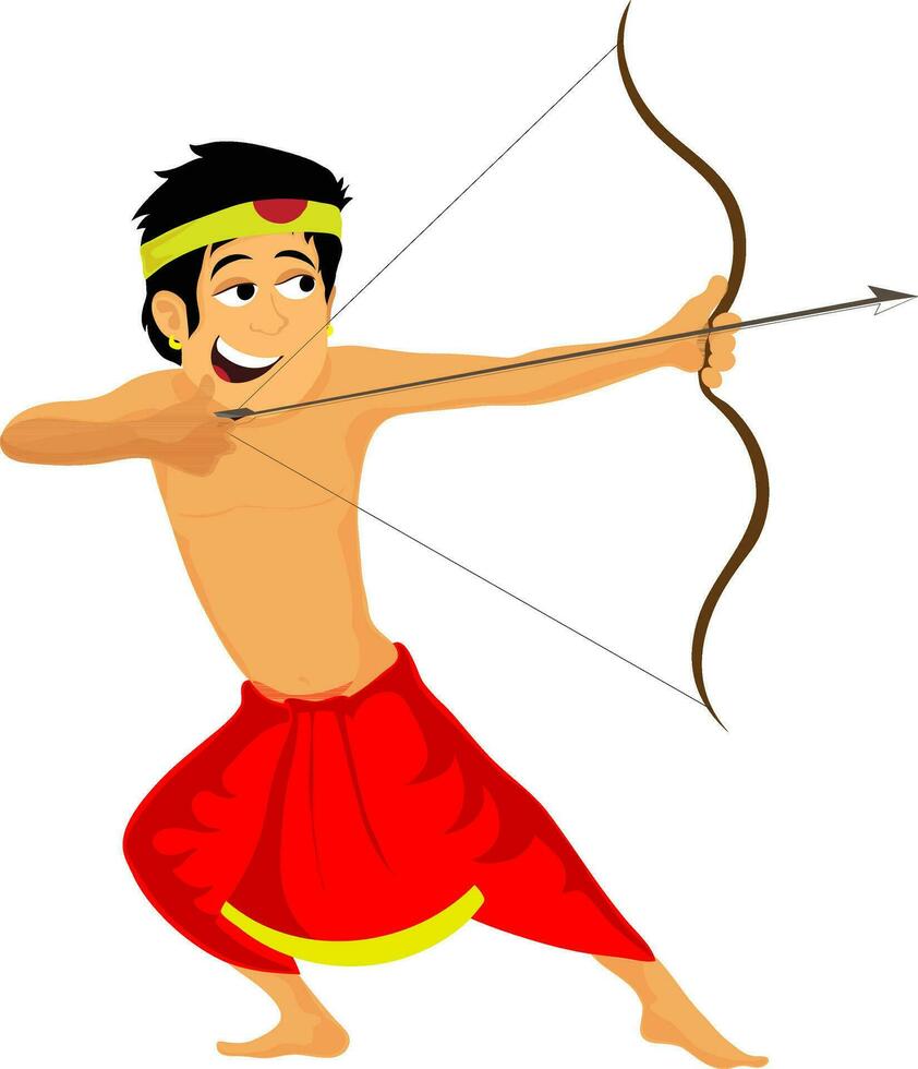 Little boy taking aim with bow and arrow. vector