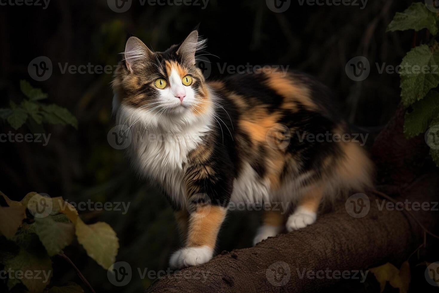 Tricolor cat sitting on a branch in the garden at night photo