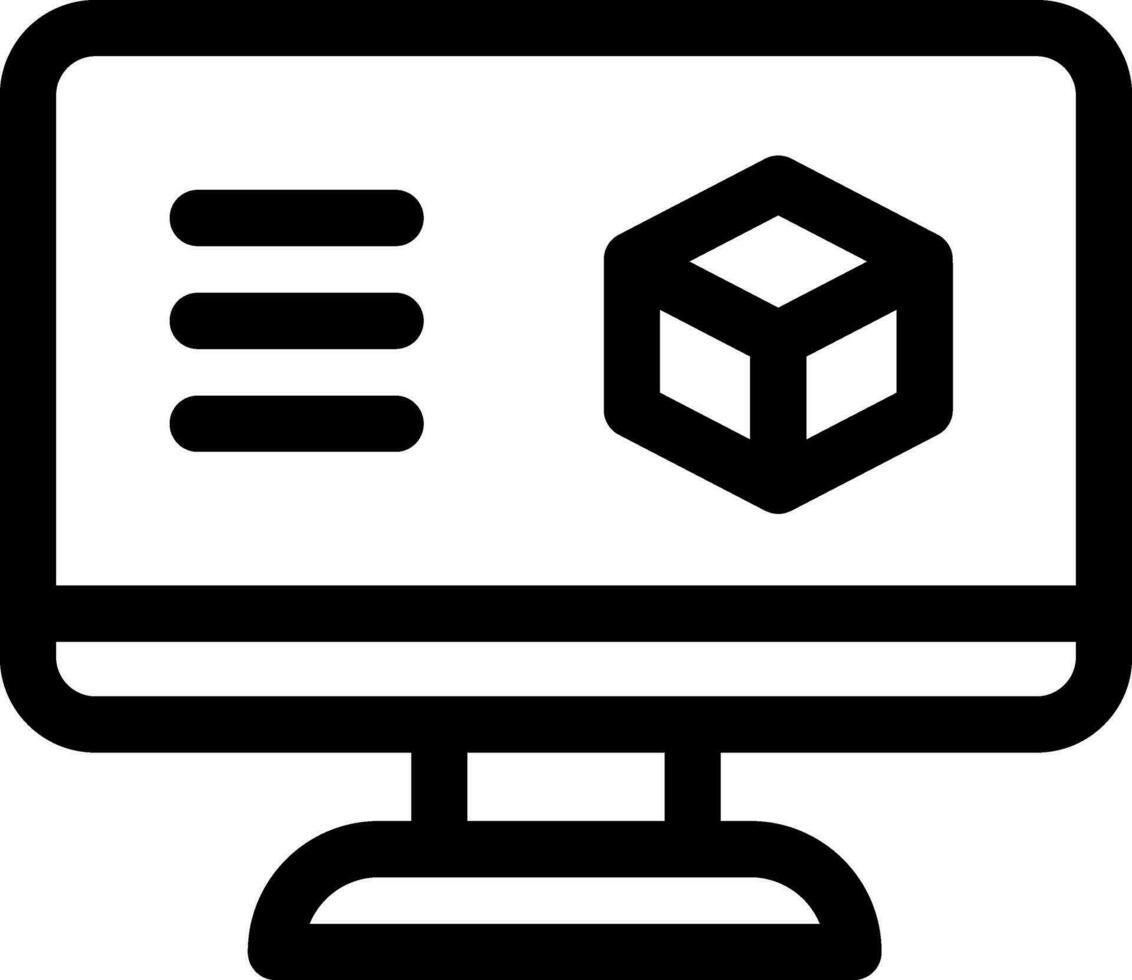 Cube or block on desktop screen icon in line art. vector