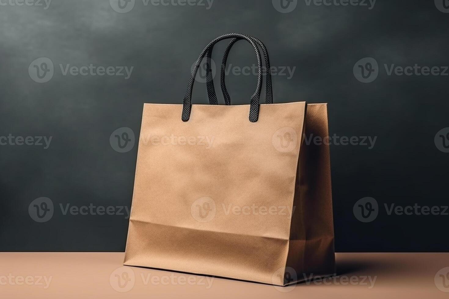 Paper shopping bag on wooden table in cafe. Mockup for design photo
