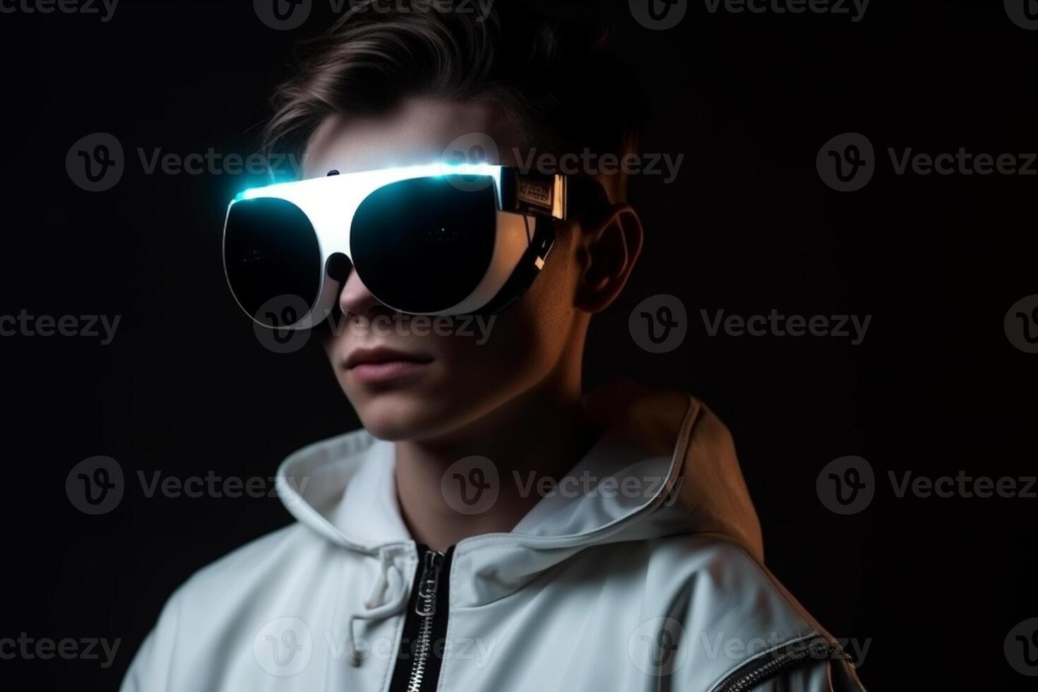 Young man wearing glowing virtual reality goggles. Isolated on dark background photo