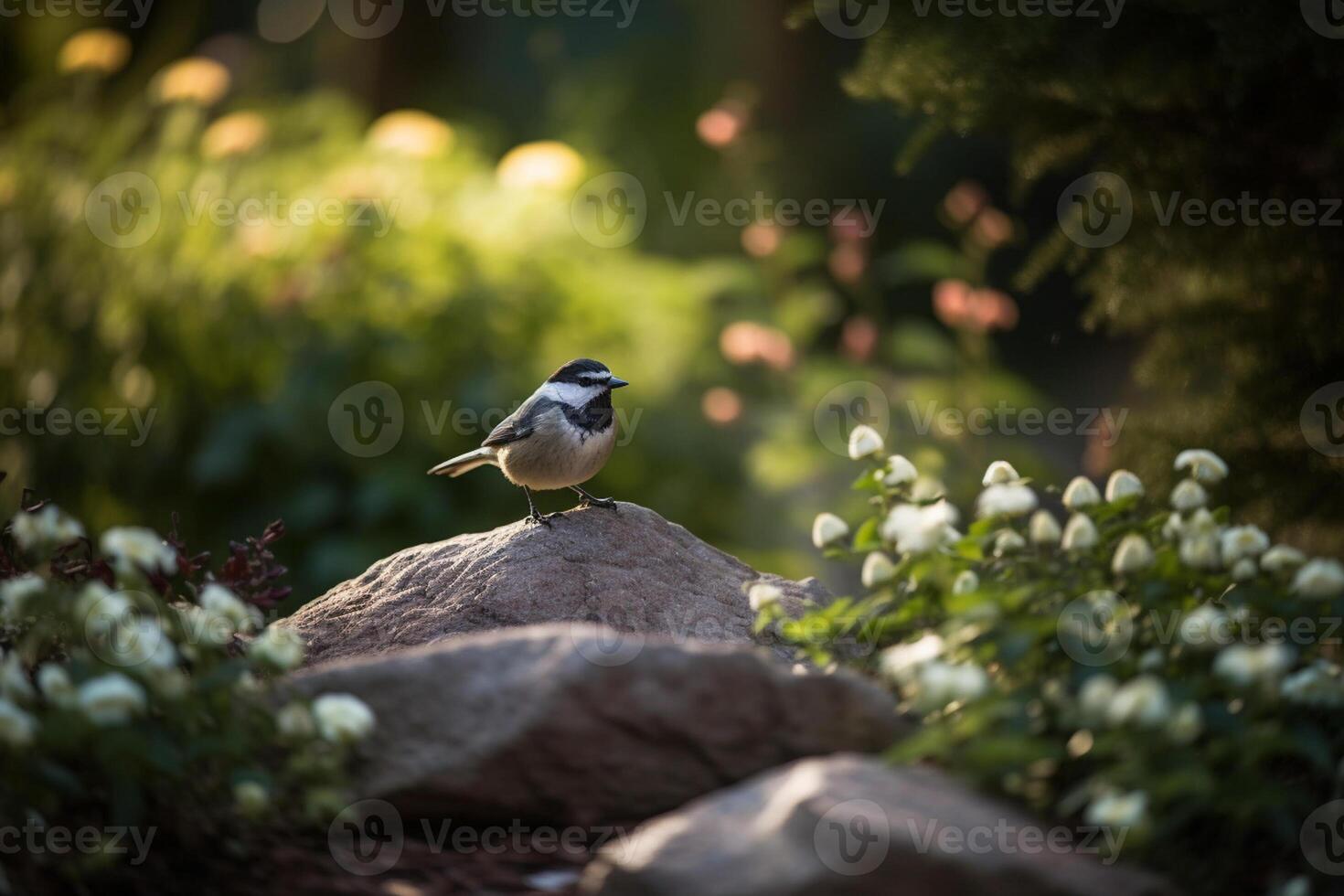 ai generativo linda pequeño paro pájaro sentado en un rama en primavera foto