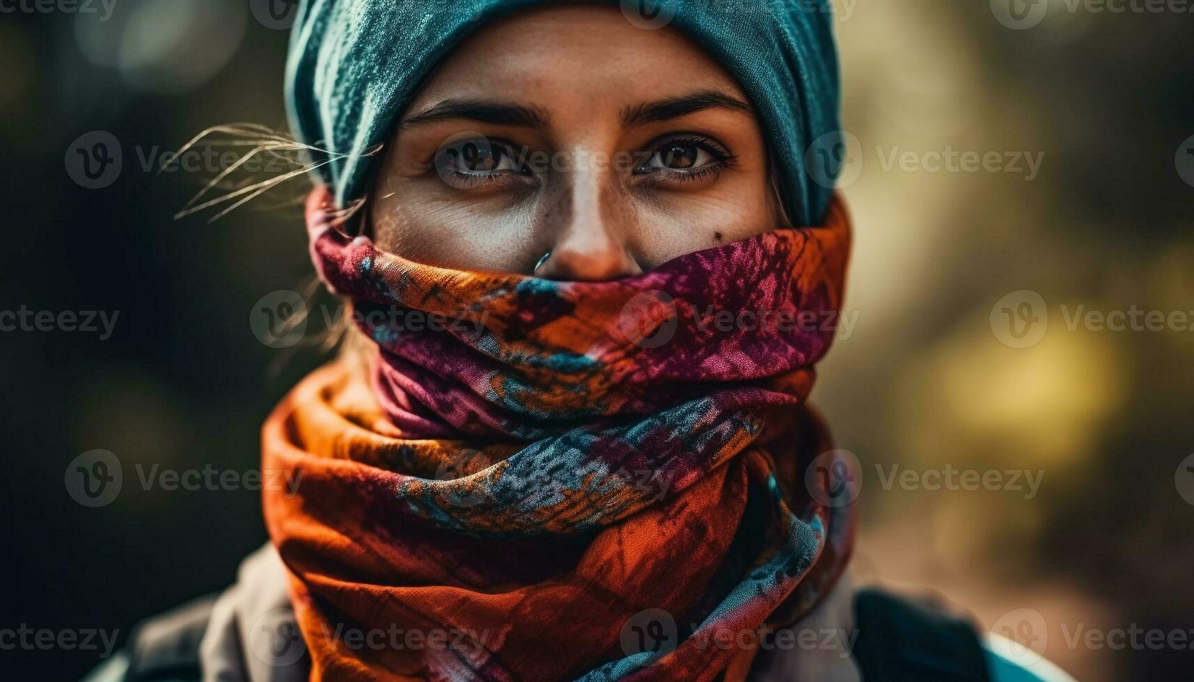 Smiling young woman in headscarf enjoys nature generated by AI photo