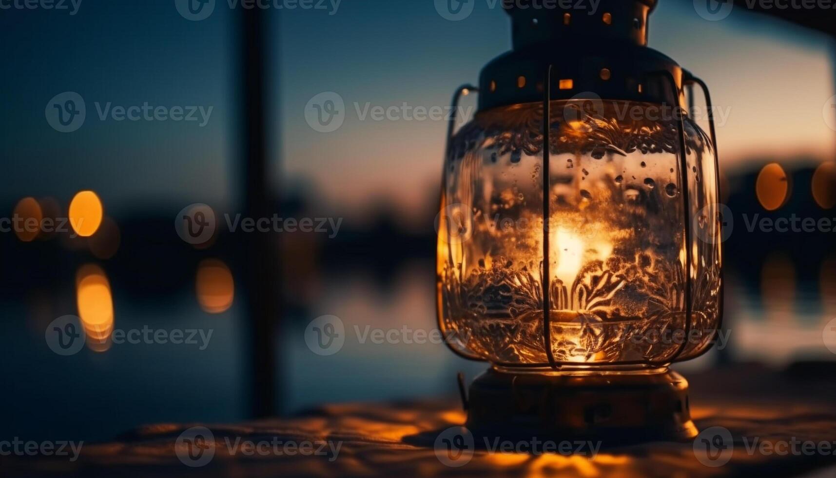 Glowing lantern illuminates tranquil sunset scene outdoors generated by AI photo